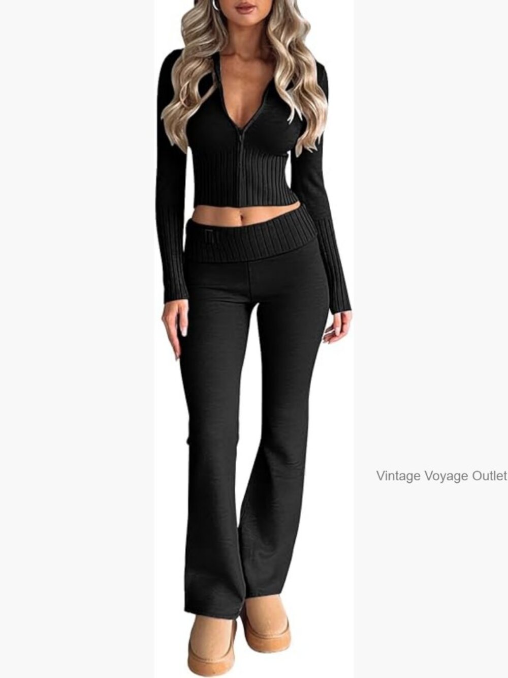 Zip Up Hoodie Flare Leg Pant Set Sweatsuit 2 Piece Knit Stretchy M
